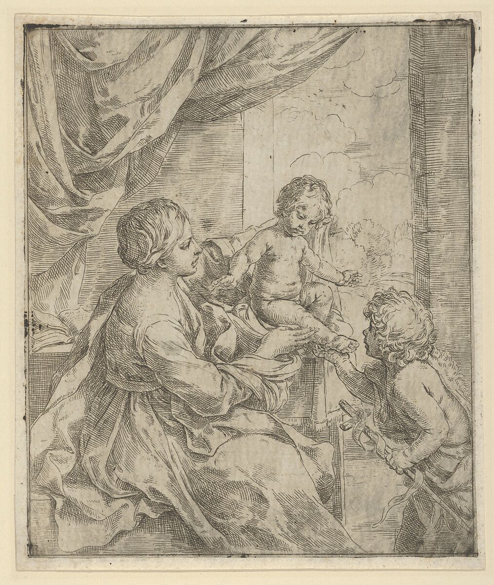The Virgin and Child at a table with the young John the Baptist, Guido Reni (Italian, Bologna 1575–1642 Bologna), Etching 