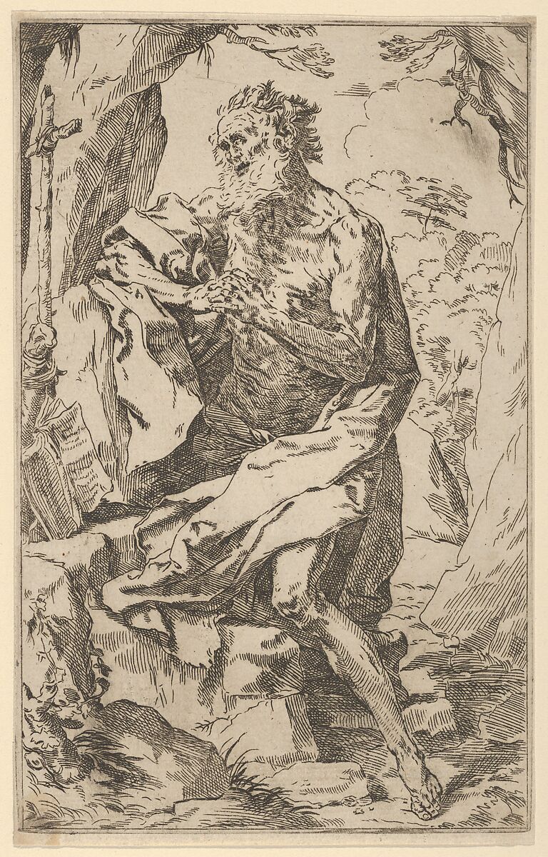 Saint Jerome kneeling on a rock in front of a cross and an open book facing left, Anonymous, 17th century, Etching 
