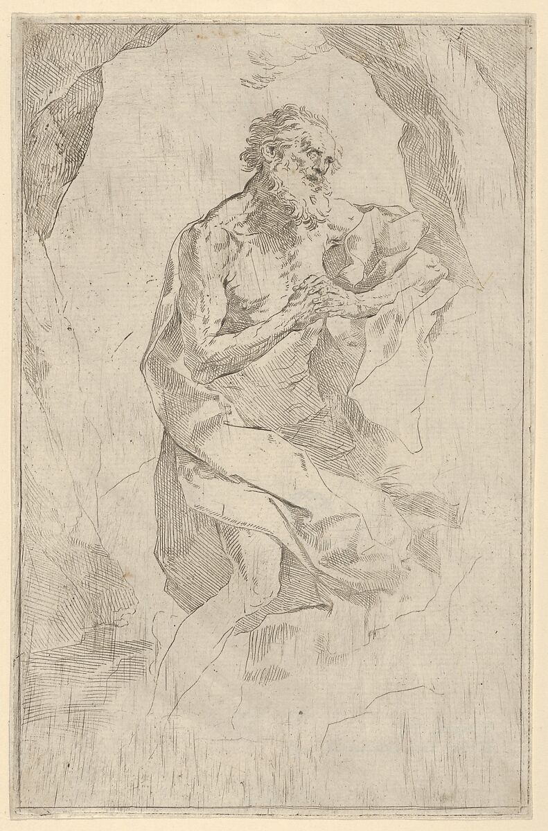 Saint Jerome kneeling on a rock facing right, Anonymous, 17th century, Etching 