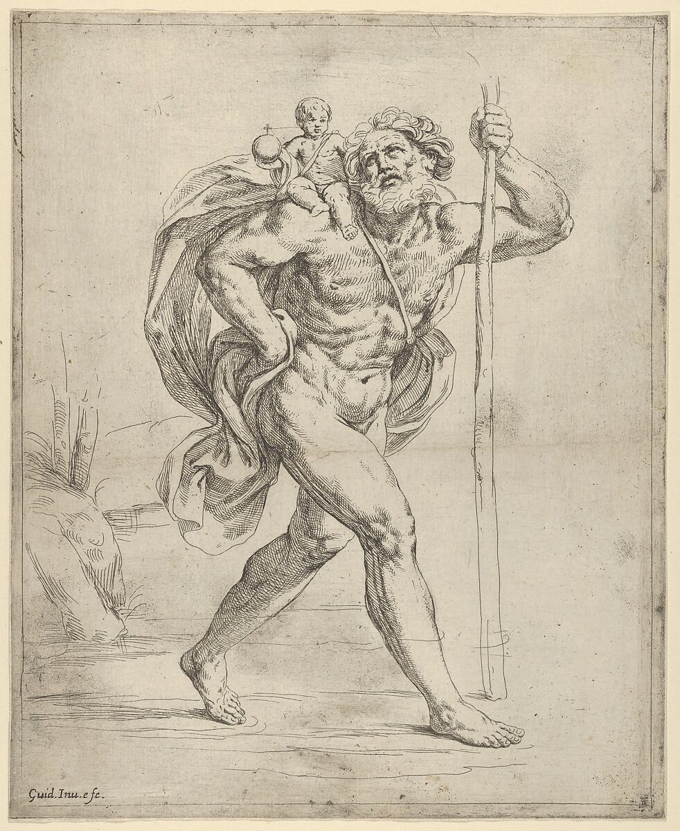 Saint Christopher walking with the infant Christ on his right shoulder, Guido Reni (Italian, Bologna 1575–1642 Bologna), Etching 