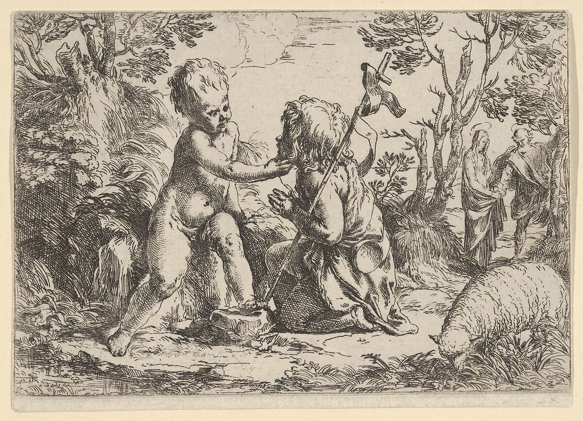Young Saint John the Baptist kneeling before the infant Christ who caresses his face, the Virgin and Joseph in the background at right, Guido Reni (Italian, Bologna 1575–1642 Bologna), Etching 