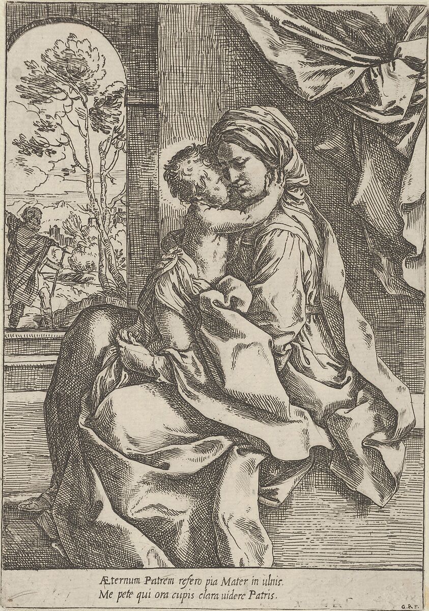The Virgin seated with the Christ Child on her lap embracing her, Joseph seen through an archway at left, Guido Reni (Italian, Bologna 1575–1642 Bologna), Etching 