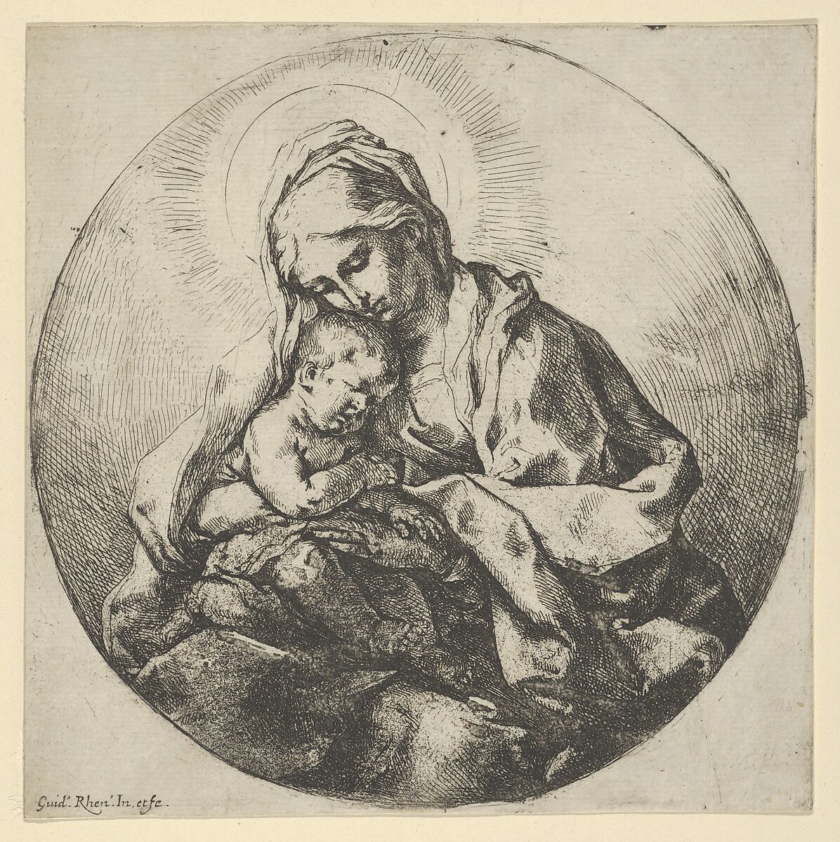 The Virgin holding the infant Christ with the fingers of her right hand hidden, a circular composition, Guido Reni (Italian, Bologna 1575–1642 Bologna), Etching 