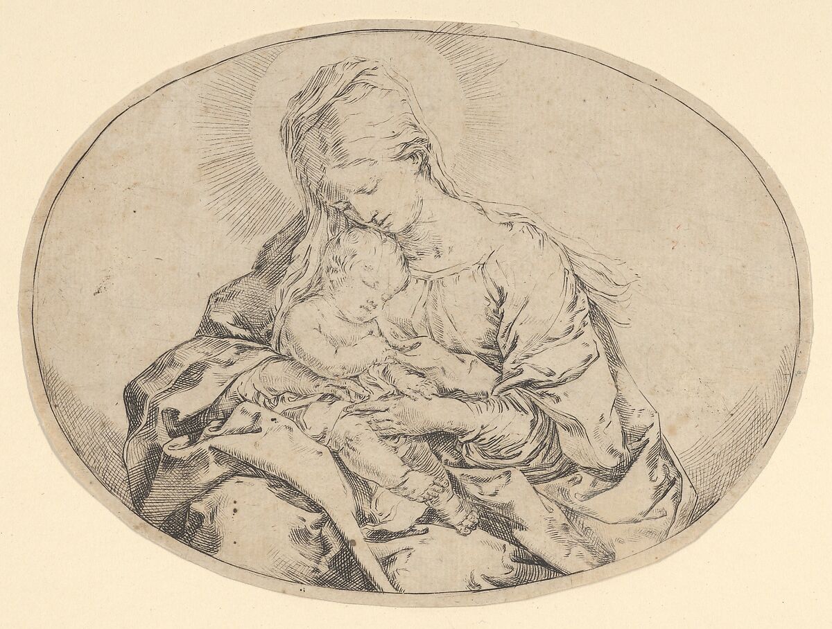 The Virgin holding the infant Christ, an oval composition, Guido Reni (Italian, Bologna 1575–1642 Bologna), Etching 