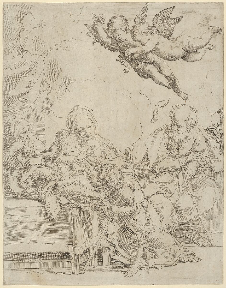 The Holy Family with young John the Baptist and Saint Elizabeth, two angels above, Guido Reni (Italian, Bologna 1575–1642 Bologna), Etching 