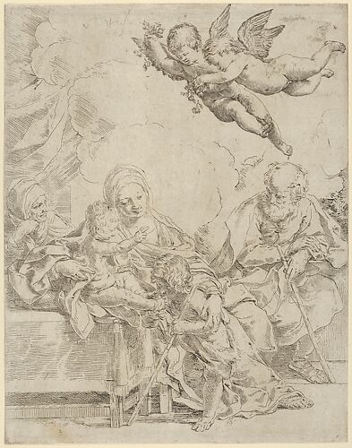 The Holy Family with young John the Baptist and Saint Elizabeth, two angels above
