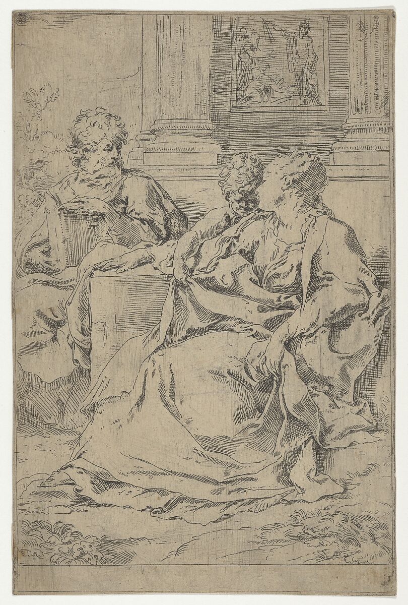 The Holy Family seated together in front of a collonade, Saint Joseph reading and the young Christ grasping the Virgin's drapery, Guido Reni (Italian, Bologna 1575–1642 Bologna), Etching 