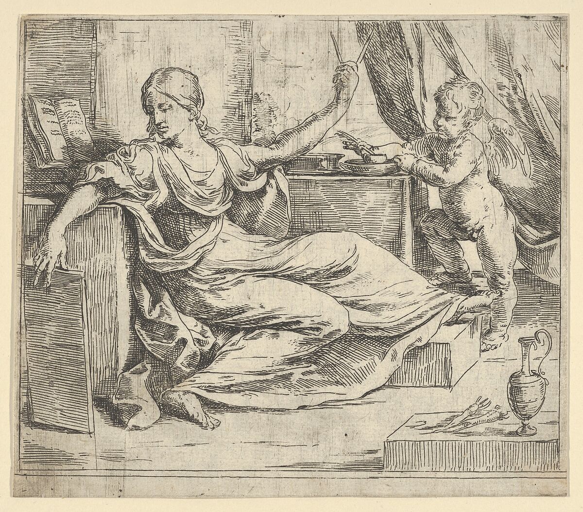 Seated woman holding a tablet and compass (allegory of learning), a winged putto at right, Guido Reni (Italian, Bologna 1575–1642 Bologna), Etching 