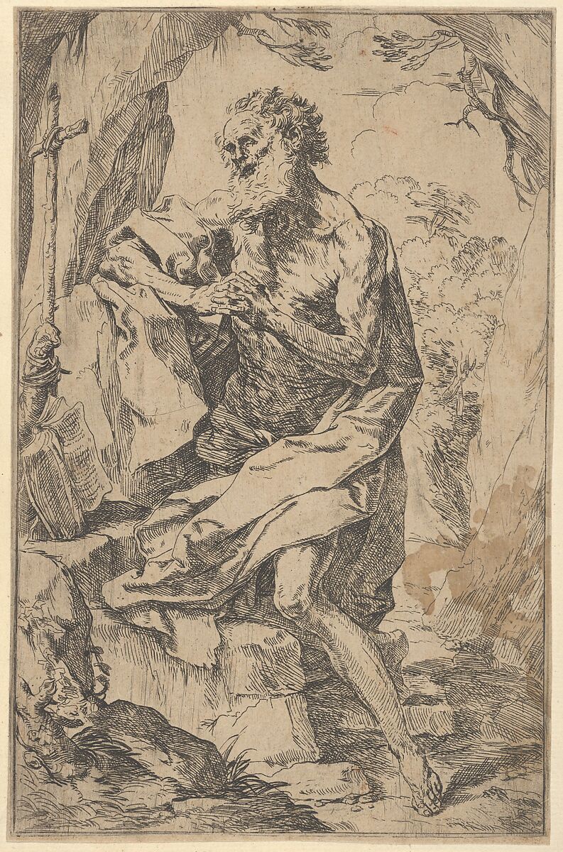 Saint Jerome kneeling on a rock in front of a cross and an open book facing left, Guido Reni (Italian, Bologna 1575–1642 Bologna), Etching 