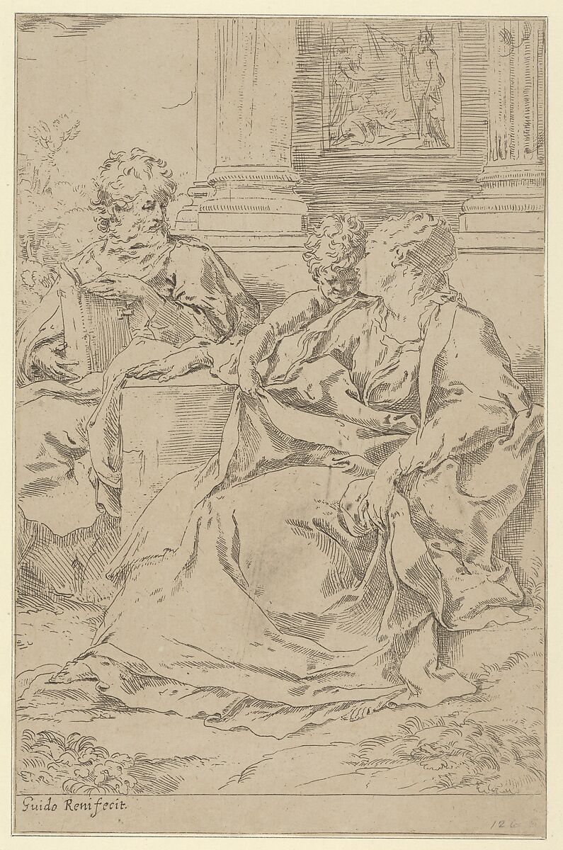 The Holy Family seated together in front of a collonade, Saint Joseph reading and the young Christ grasping the Virgin's drapery, Guido Reni (Italian, Bologna 1575–1642 Bologna), Etching 