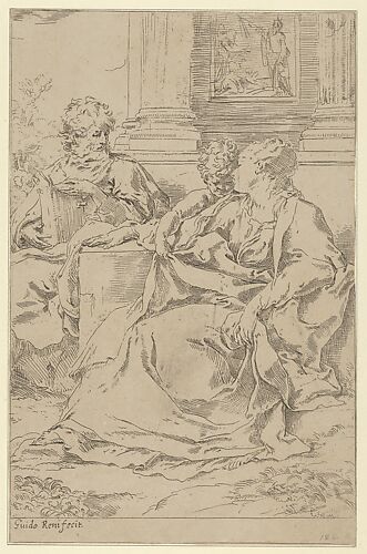 The Holy Family seated together in front of a collonade, Saint Joseph reading and the young Christ grasping the Virgin's drapery