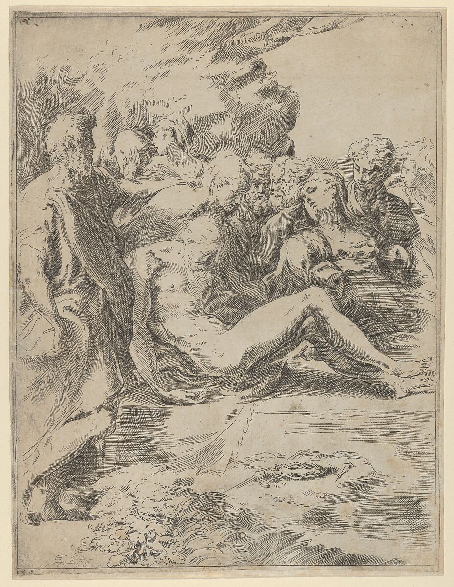 The Entombment; Christ with legs outstretched, the Virgin at right, Guido Reni (Italian, Bologna 1575–1642 Bologna), Etching 