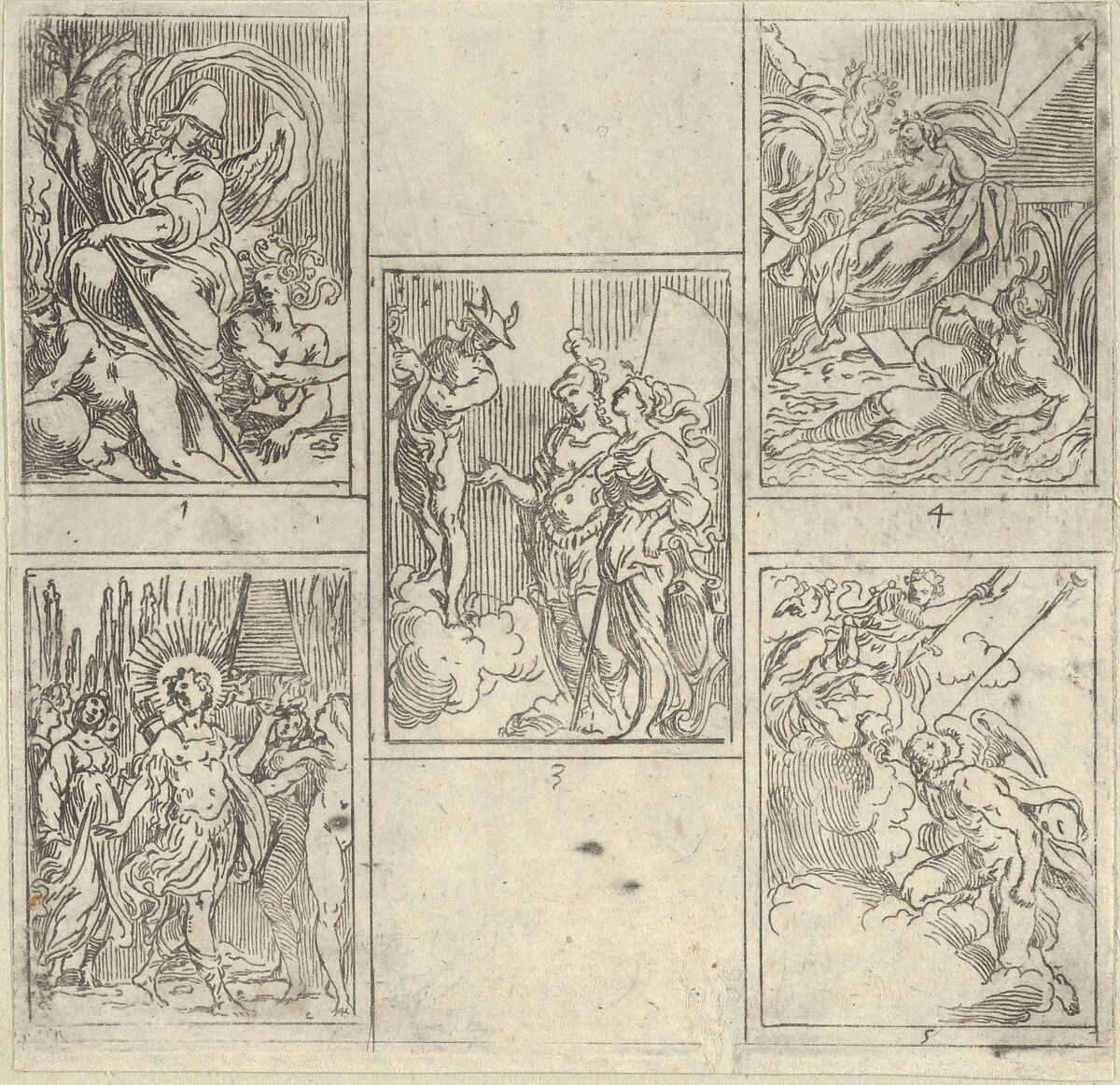 Five numbered scenes, each after a painter in the Accademia Degl'Incamminati, from IL FUNERALE D'AGOSTINO CARRACCIO FATTO IN BOLOGNA SUA PATRIA DAGL'INCAMINATI Academici del Disegno: 1. Virtue vanquishing Envy and Fortune, painted by Giulio Cesare Parigino; 2. Apollo and the Muses at the tomb of Agostino Carracci, painted by Luigi Valesio; 3. Mercury pointing to a constellation with the personification of Painting and that of the city of Bologna, Felsina, painted by Aurelio Benelli; 4. Personification of Painting being comforted by Poetry, and the personification of a river at right, painted by Lodovico Carracci; 5. Allegory of Knowledge and Vigilance chasing Envy out of Heaven, painted by Lorenzo Garbieri., Guido Reni (Italian, Bologna 1575–1642 Bologna), Etching 