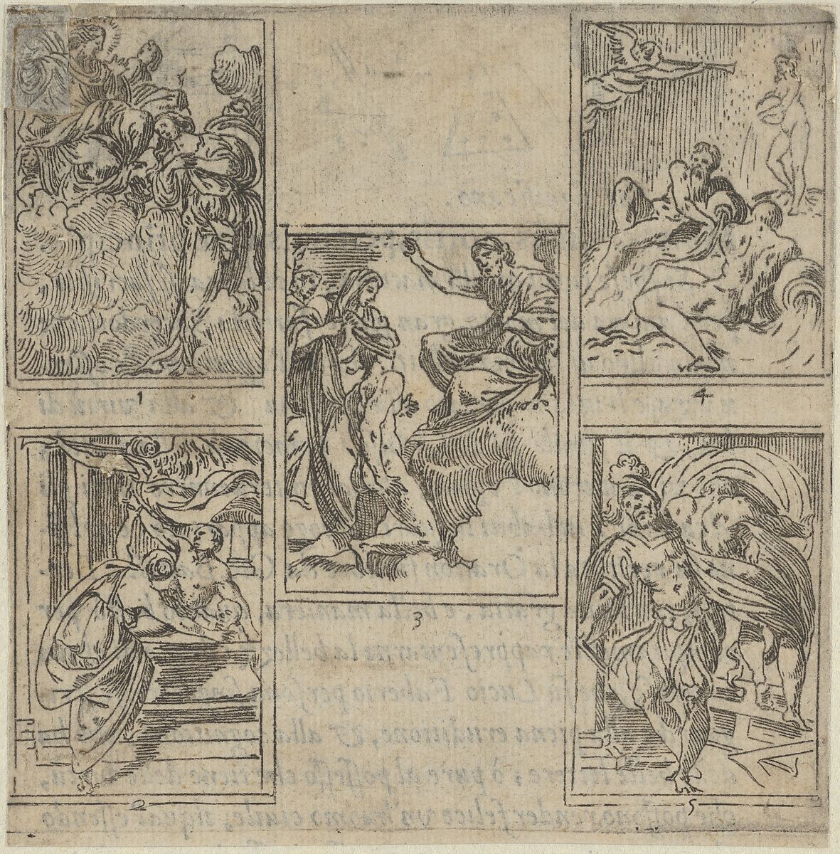 Five numbered scenes, each after a painter in the Accademia Degl'Incamminati, from IL FUNERALE D'AGOSTINO CARRACCIO FATTO IN BOLOGNA SUA PATRIA DAGL'INCAMINATI Academici del Disegno: 1. Ceres lamenting the death of Carracci before Jupiter, painted by Ippolito Ferrantini; 2. Personification of Painting entrusting Carracci's body to Fame, painted by Giovanni Battista Bertusi; 3. The Fates leading the blindfolded Carracci to the foot of Jupiter's throne, painted by Lucio Massari; 4. Three rivers representing the cities of Bologna, Rome and Parma (Reno, Tiber and Parma) with Fame at left, designed by Sebastiano Razzali and painted by Baldessare Aloisi Galanini; 5. Agostino Carracci abducted by Mars who is jealous of the artist's portrait of Adonis made for a Farnese gallery panel, painted by Giovanni Battista Busi., Guido Reni (Italian, Bologna 1575–1642 Bologna), Etching 