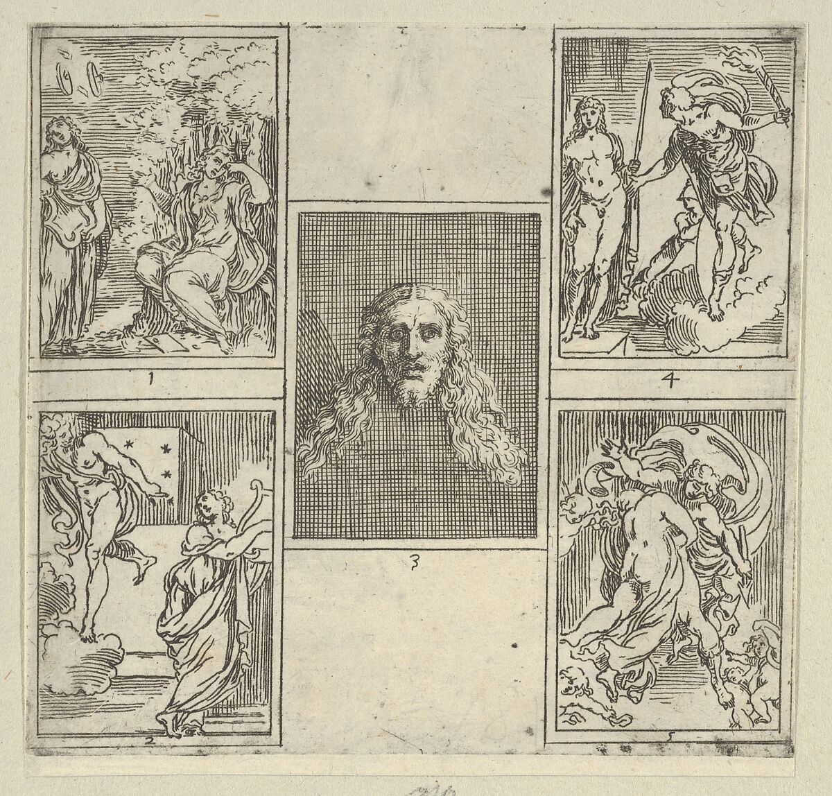 Five numbered scenes, each after a painter in the Accademia Degl'Incamminati, from IL FUNERALE D'AGOSTINO CARRACCIO FATTO IN BOLOGNA SUA PATRIA DAGL'INCAMINATI Academici del Disegno: 1. Painting and Poetry mourning the death of Agostino Carracci, painted by Francesco Brizio; 2. Painting with a lyre and Apollo pointing to stars on Carracci's grave, design by Giacomo Cavedone; 3. The head of Christ, painted by Agostino Carracci; 4. Prometheus with a torch and Athena behind him, painted by Alessandro Albini; 5. Aurora abducting Cephalus, painted by Leonello Spada., Guido Reni (Italian, Bologna 1575–1642 Bologna), Etching 