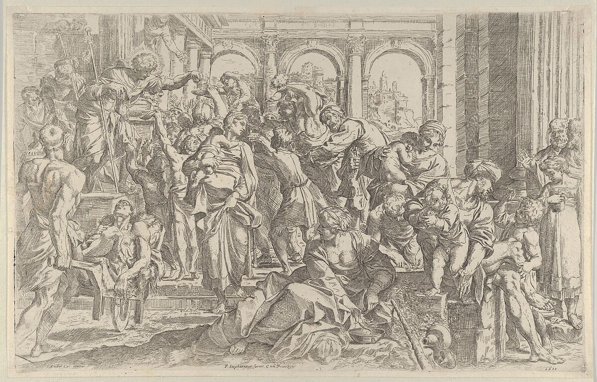 Saint Roch at left distributing alms to a group of people gathered around him, after Annibale Caracci, Francesco Brizio (Italian, Bologna ca. 1574–1623 Bologna), Etching 