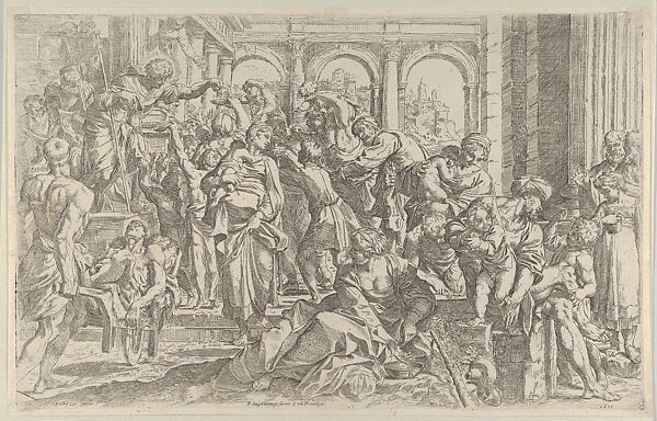 Saint Roch at left distributing alms to a group of people gathered around him, after Annibale Caracci