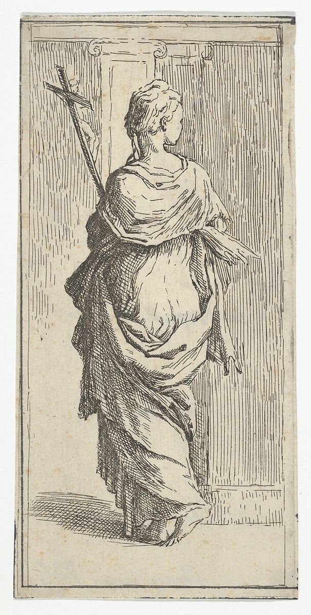 Girl carrying a crucifix and stepping toward a pilaster, seen from behind, Guido Reni (Italian, Bologna 1575–1642 Bologna), Etching 