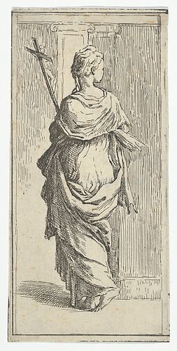 Girl carrying a crucifix and stepping toward a pilaster, seen from behind