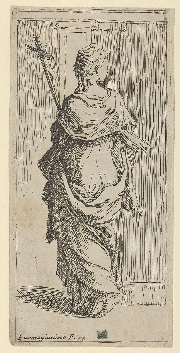 Girl carrying a crucifix and stepping toward a pilaster, seen from behind, Guido Reni (Italian, Bologna 1575–1642 Bologna), Etching 
