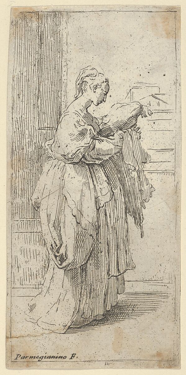 Girl carrying a cushion, seen in profile facing right, Attributed to Guido Reni (Italian, Bologna 1575–1642 Bologna), Etching 
