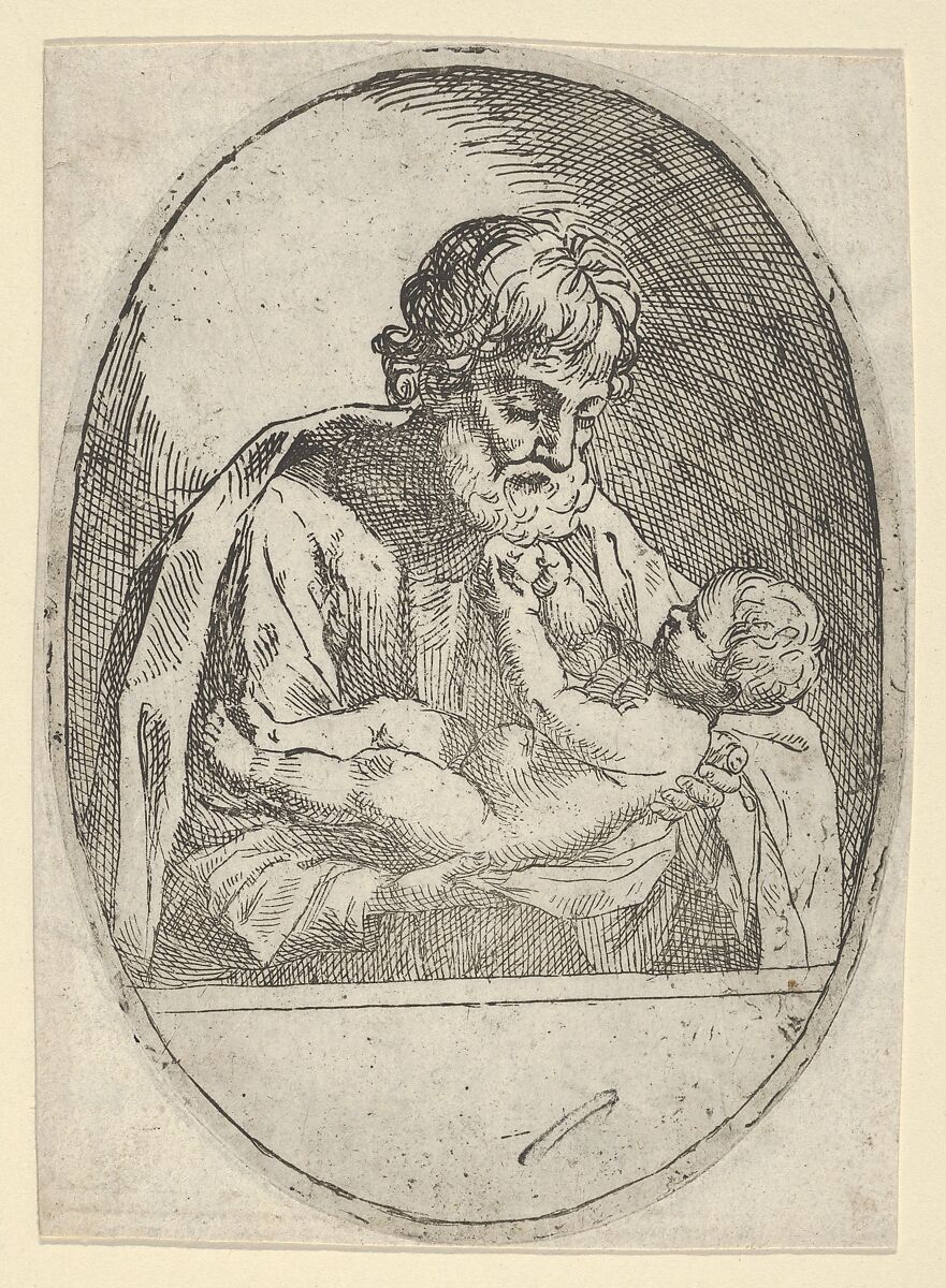 Saint Joseph holding the infant Christ, who raises up his hands, an oval composition, Anonymous, 17th century, Etching 