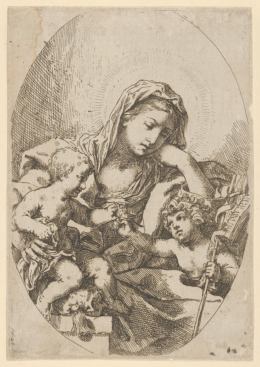 The Virgin with the Christ Child and the young Saint John the Baptist holding a bird at right, an oval composition, after Reni, Attributed to Lorenzo Loli (Italian, Bologna ca. 1612–1691 Bologna), Etching 