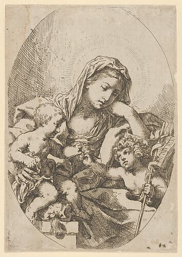 The Virgin with the Christ Child and the young Saint John the Baptist holding a bird at right, an oval composition, after Reni