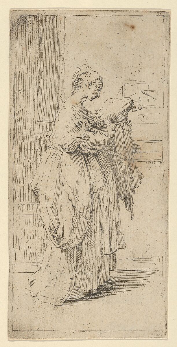 Girl carrying a cushion, seen in profile facing right, Attributed to Guido Reni (Italian, Bologna 1575–1642 Bologna), Etching 