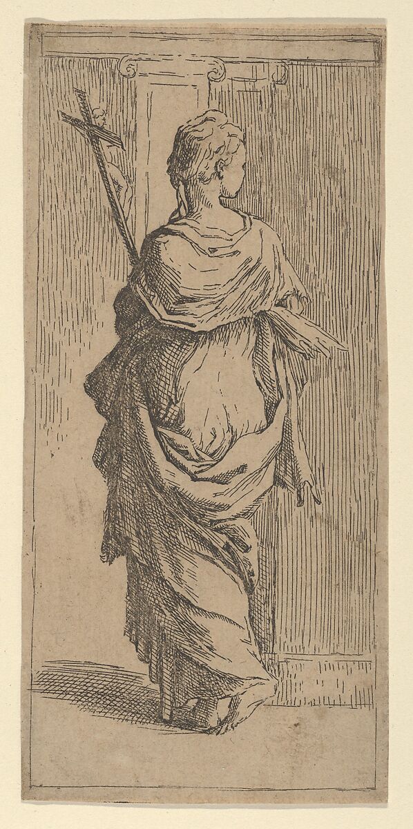 Girl carrying a crucifix and stepping toward a pilaster, seen from behind, Guido Reni (Italian, Bologna 1575–1642 Bologna), Etching 