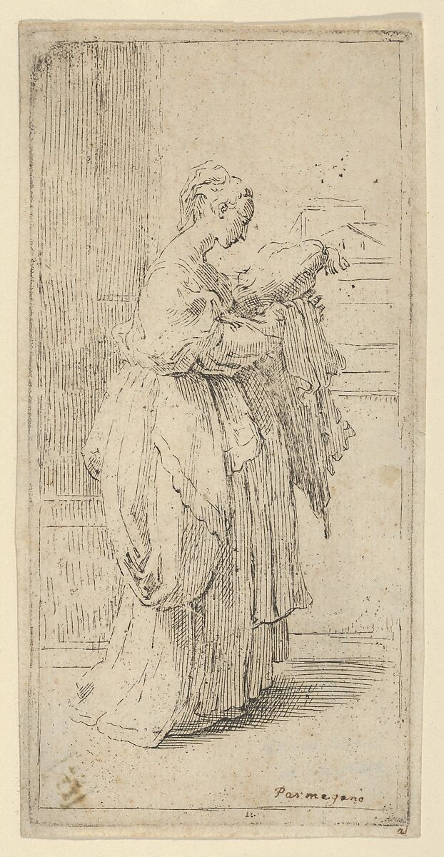 Girl carrying a cushion, seen in profile facing right, Attributed to Guido Reni (Italian, Bologna 1575–1642 Bologna), Etching 