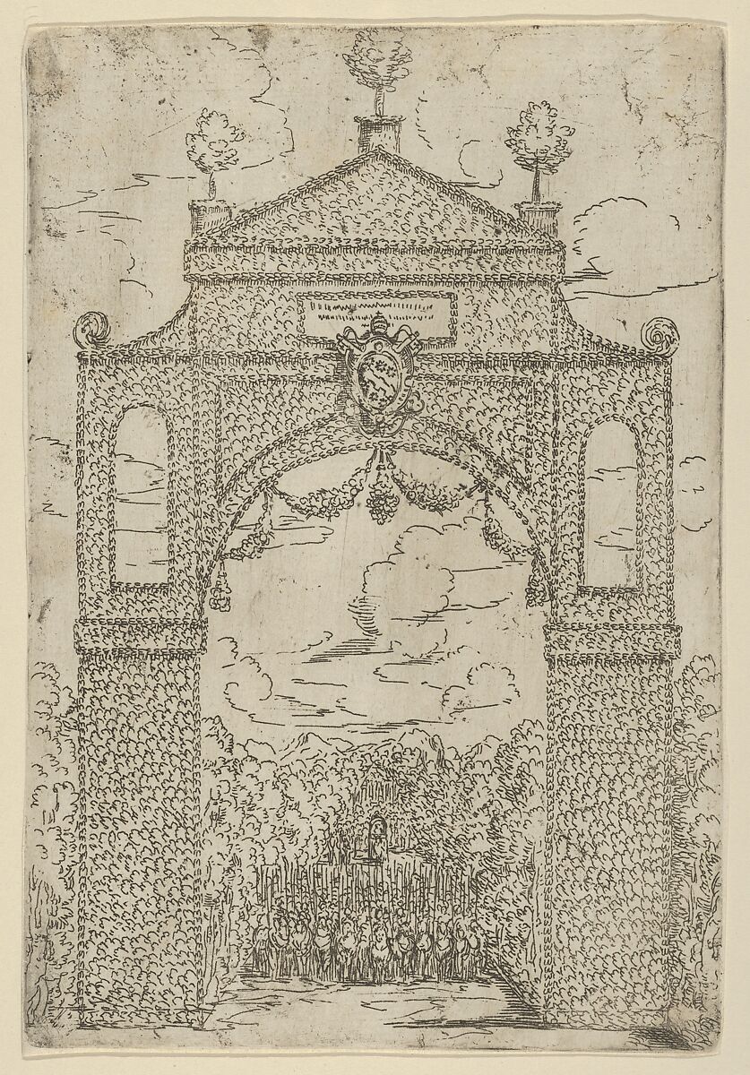 Triumphal arch covered in foliage with mounted troops below, a temporary decoration for the entry of Pope Clement VIII in Bologna in 1598, Guido Reni (Italian, Bologna 1575–1642 Bologna), Etching 