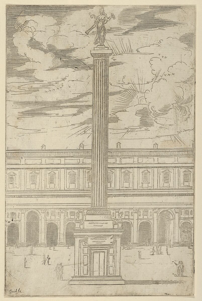 Triumphal column with female figure of Fame holding a trumpet at the top, a temporary decoration for the entry of Pope Clement VIII in Bologna in 1598, Guido Reni (Italian, Bologna 1575–1642 Bologna), Etching 