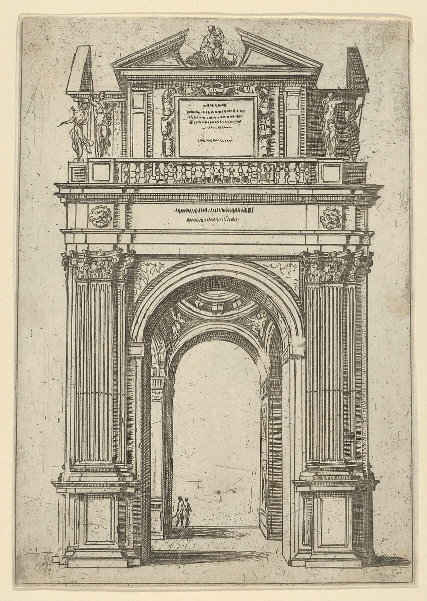 Triumphal arch surmounted by woman seated on a dolphin, four standing figures below, a temporary decoration for the entry of Pope Clement VIII in Bologna in 1598, Guido Reni (Italian, Bologna 1575–1642 Bologna), Etching 