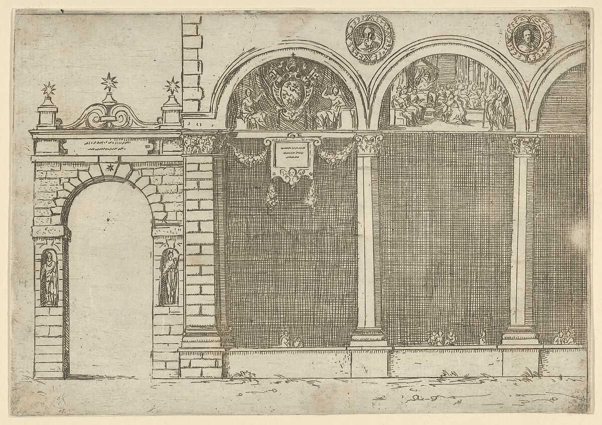 The arcade of the palace of the Archbishop of Bologna with temporary decorations for the entry of Pope Clement VIII in Bologna in 1598, Guido Reni (Italian, Bologna 1575–1642 Bologna), Etching 