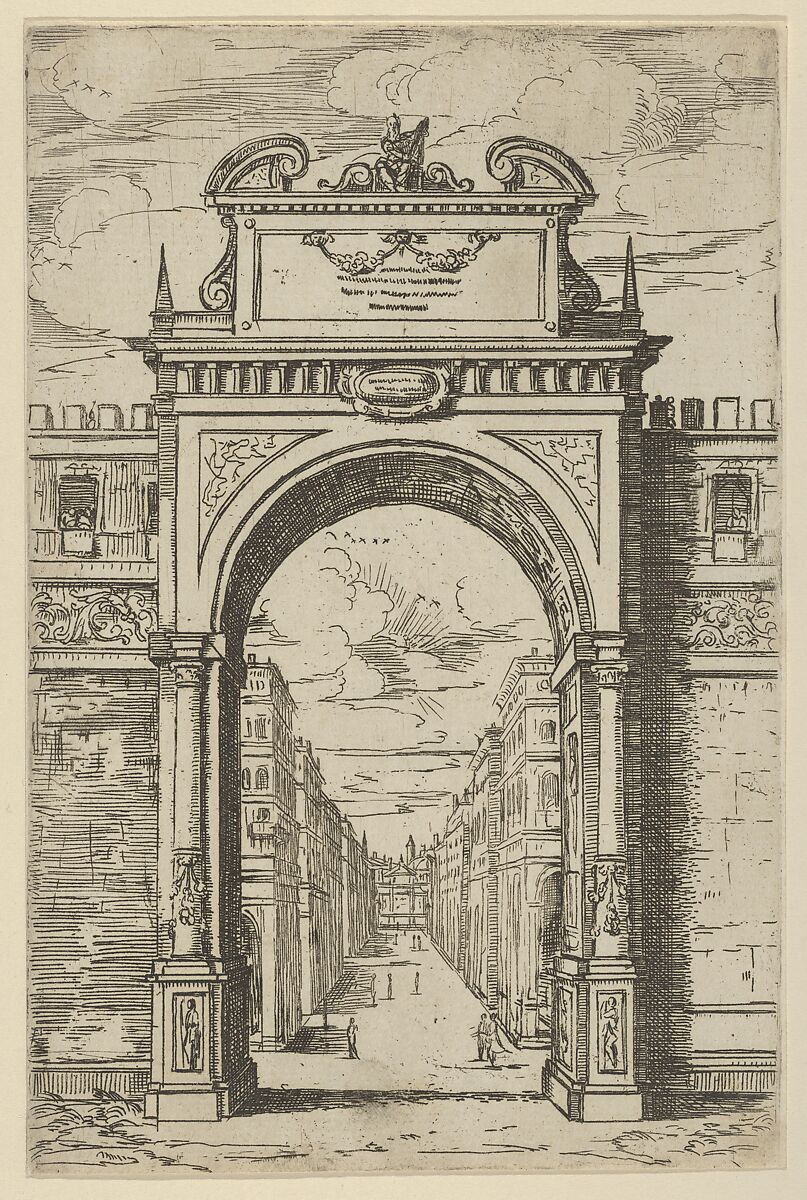 Triumphal arch surmounted by a statue of Moses, buildings seen through the arch below, a temporary decoration for the entry of Pope Clement VIII in Bologna in 1598, Guido Reni (Italian, Bologna 1575–1642 Bologna), Etching 