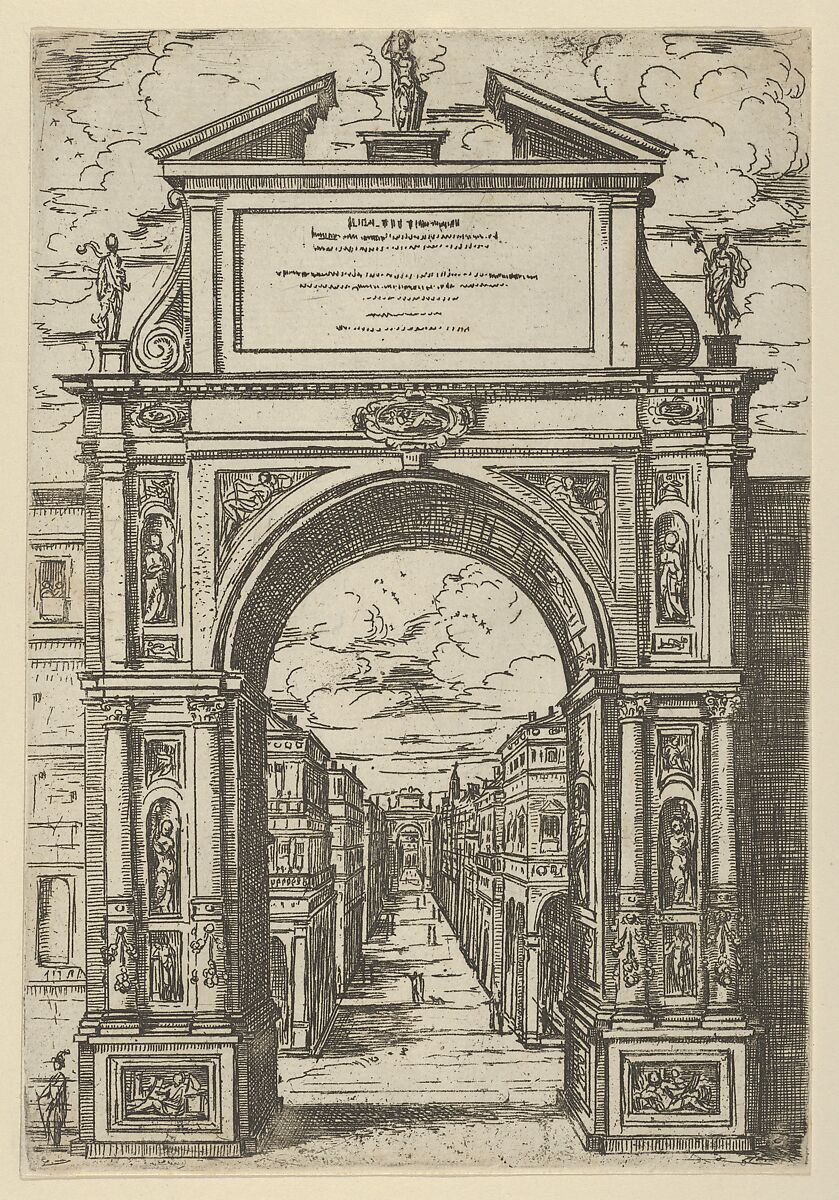 Triumphal arch surmounted by a statue representing the city of Bologna, buildings seen through the arch below, a temporary decoration for the entry of Pope Clement VIII in Bologna in 1598, Guido Reni (Italian, Bologna 1575–1642 Bologna), Etching 
