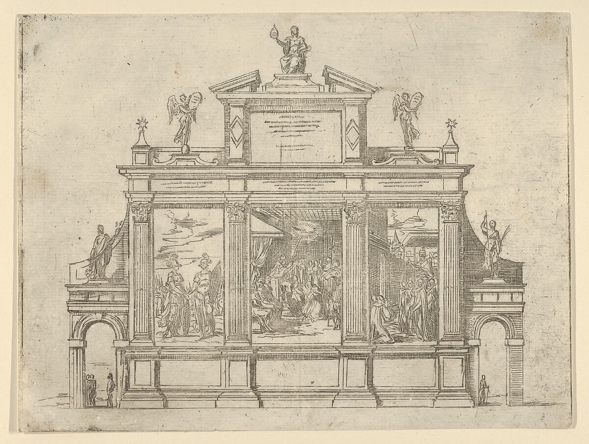 Façade of a triumphal monument with three scenes depicting deeds of Pope Clement VIII, a temporary decoration for the entry of Pope Clement VIII in Bologna in 1598, Guido Reni (Italian, Bologna 1575–1642 Bologna), Etching 