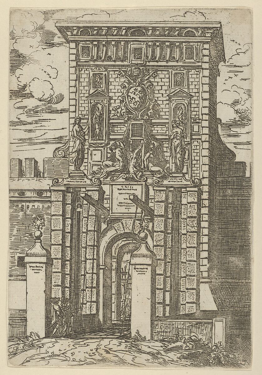 The Porta Galliera, the entrance gate to Bologna and drawbridge with temporary decorations for the entry of Pope Clement VIII in Bologna in 1598, Guido Reni (Italian, Bologna 1575–1642 Bologna), Etching 