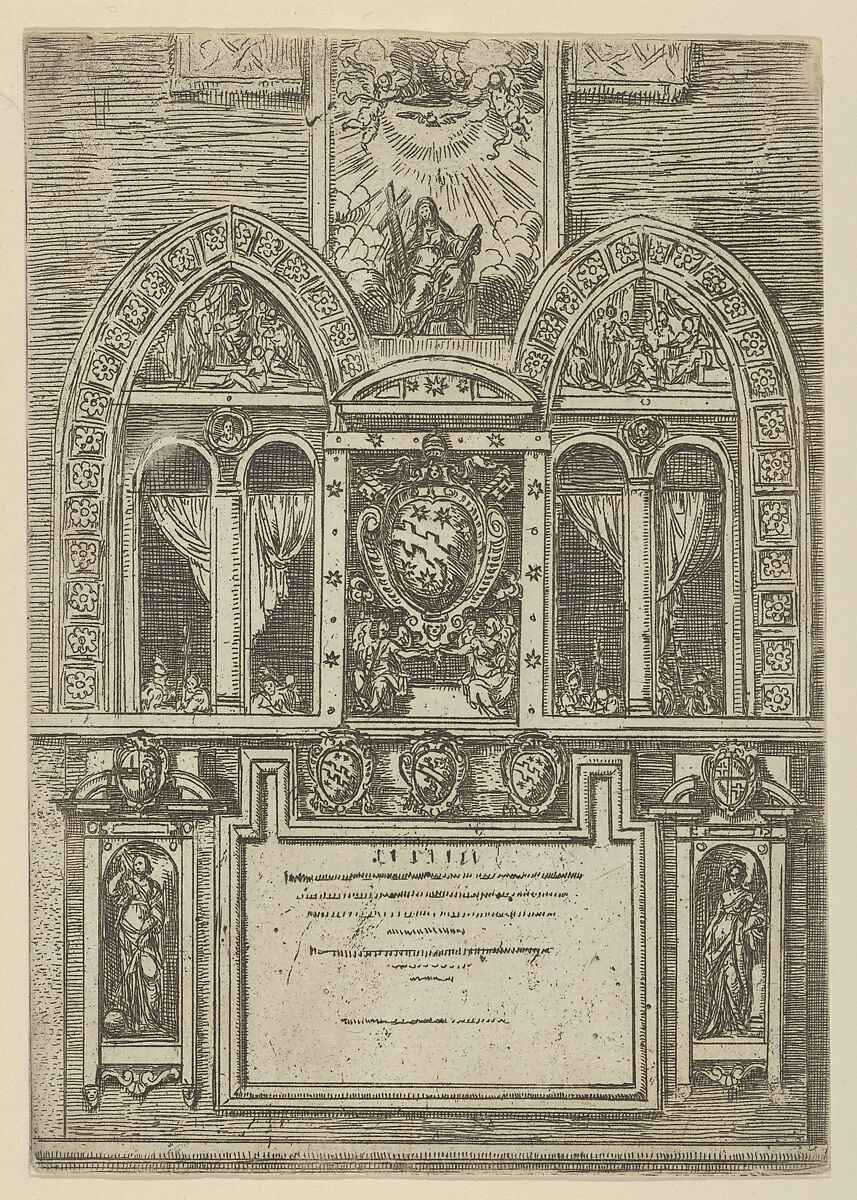 Façade of the Palazzo del Senato in Bologna with the Papal arms at center, with temporary decorations for the entry of Pope Clement VIII in Bologna in 1598, Guido Reni (Italian, Bologna 1575–1642 Bologna), Etching 