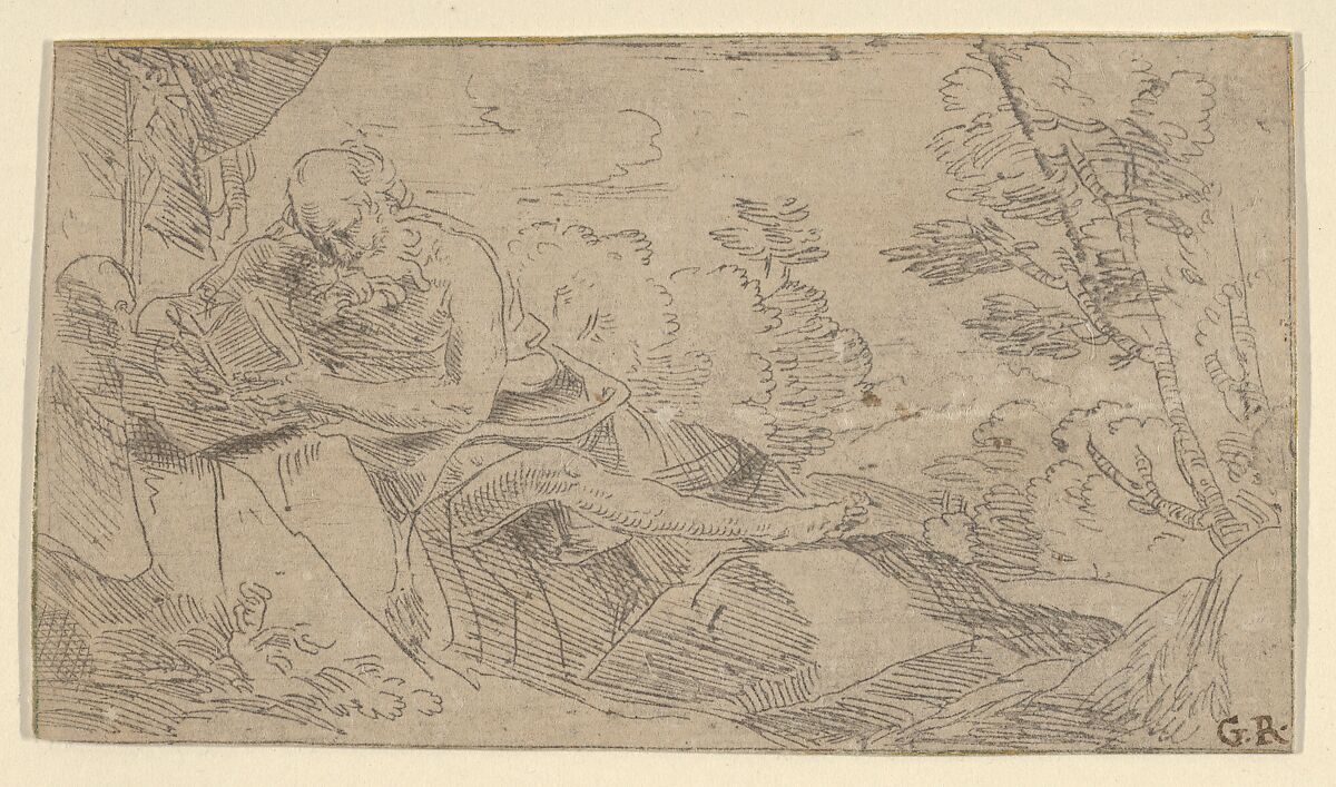 Saint Jerome seated on rocks and reading a book, a cross and a skull at left, Anonymous, Etching 