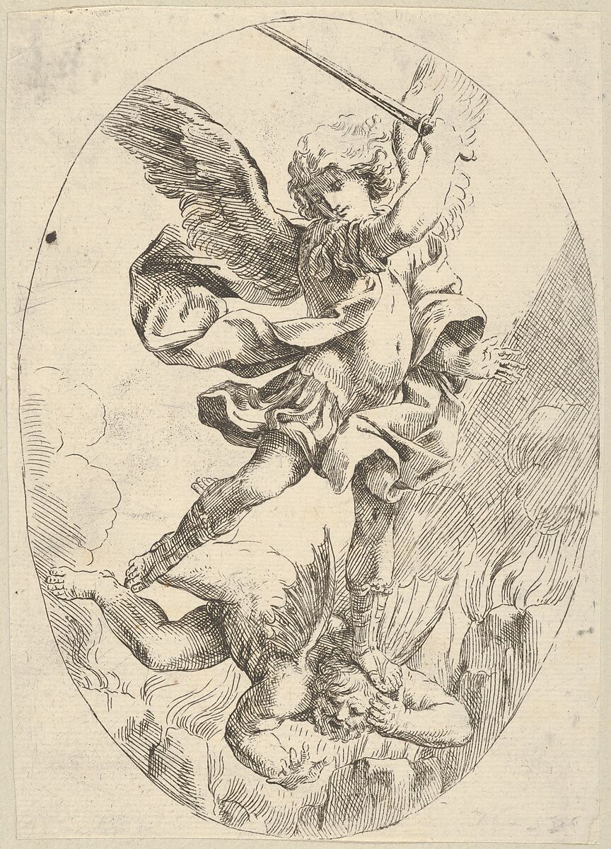 The winged archangel Saint Michael holding a sword and standing on the head of the devil, who descends into hell, an oval composition, Anonymous, 17th century, Etching 