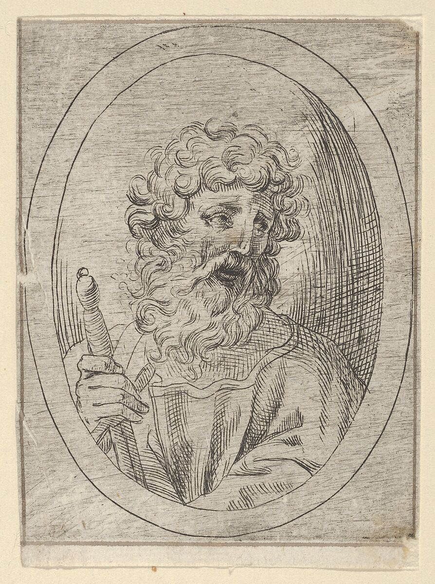 Saint Paul holding a sword, in an oval frame, from "Christ, the Virgin, and Thirteen Apostles", Anonymous, 17th century, Etching; framing lines in pen and brown ink 