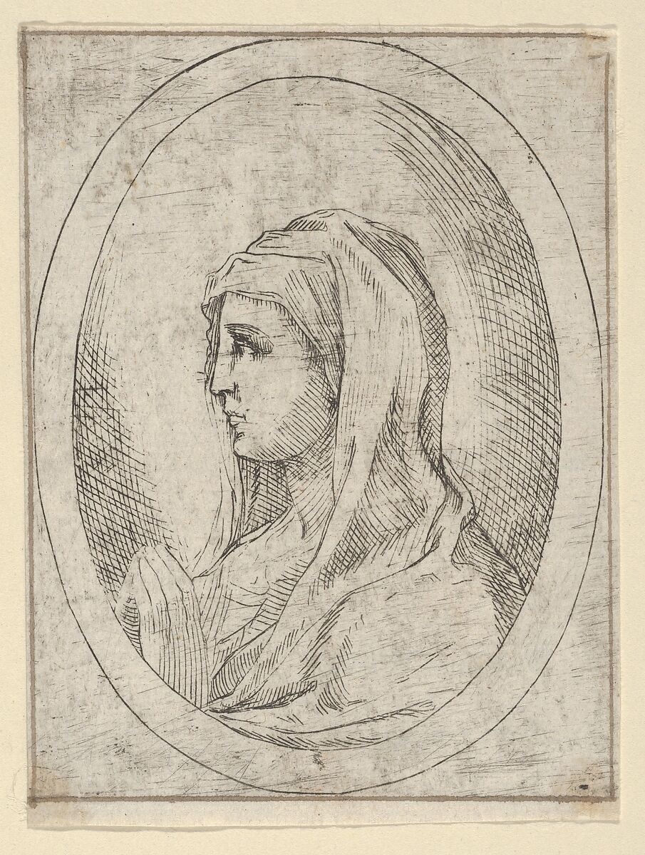 The Virgin in prayer, seen in profile facing left, in an oval frame, from "Christ, the Virgin, and Thirteen Apostles", Anonymous, 17th century, Etching; framing lines in pen and brown ink 