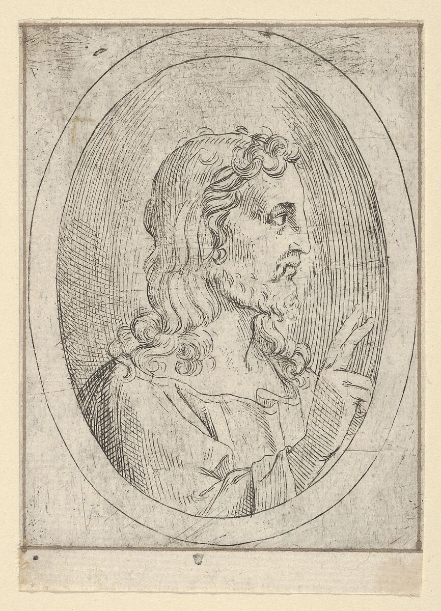 Christ seen in profile facing right, making the sign of blessing with his right hand, in an oval frame, from "Christ, the Virgin, and Thirteen Apostles", Anonymous, 17th century, Etching; framing lines in pen and brown ink 