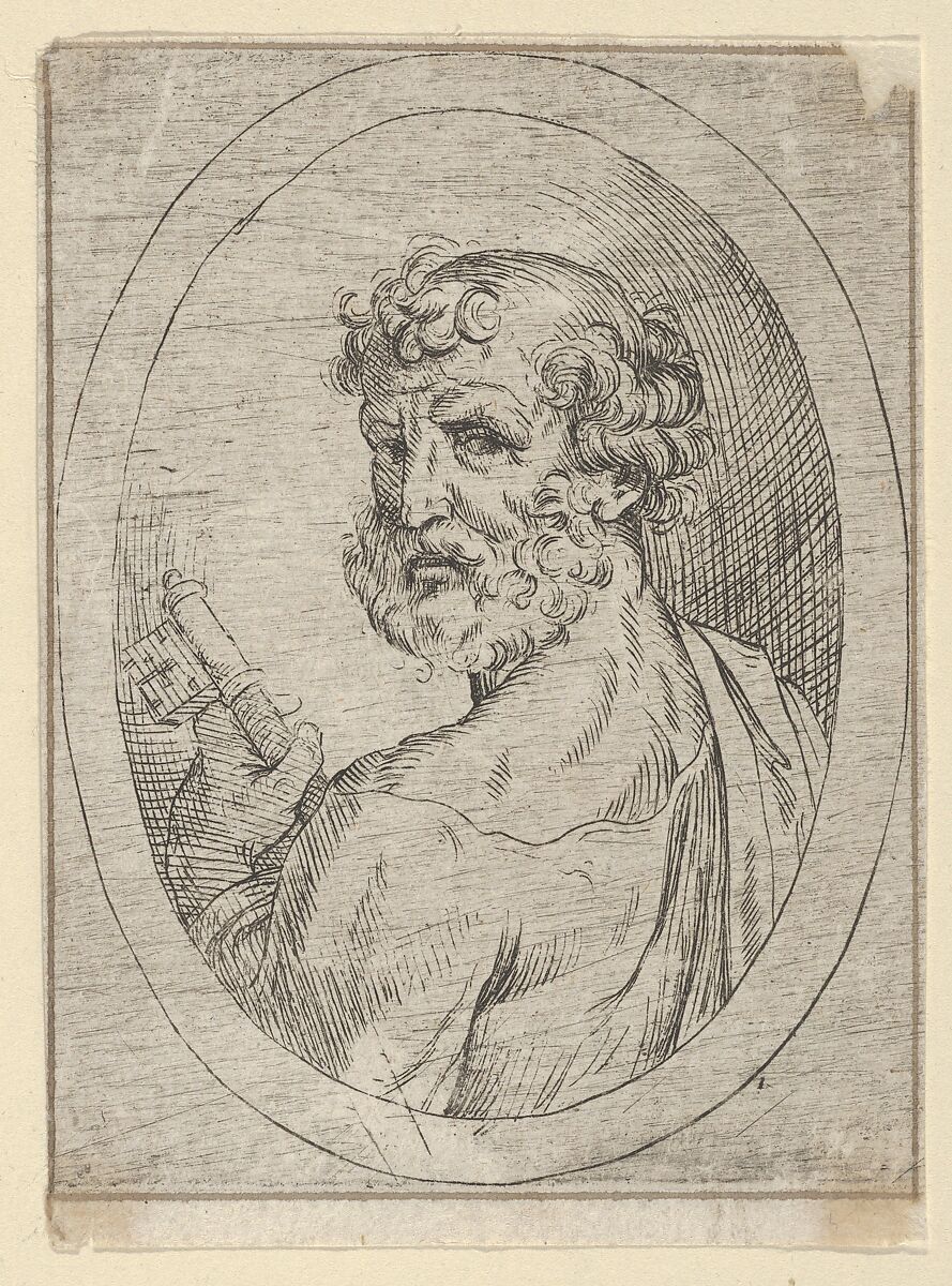Saint Peter seen from behind, turning to face outwards and holding a key, in an oval frame, from "Christ, the Virgin, and Thirteen Apostles", Anonymous, 17th century, Etching; framing lines in pen and brown ink 
