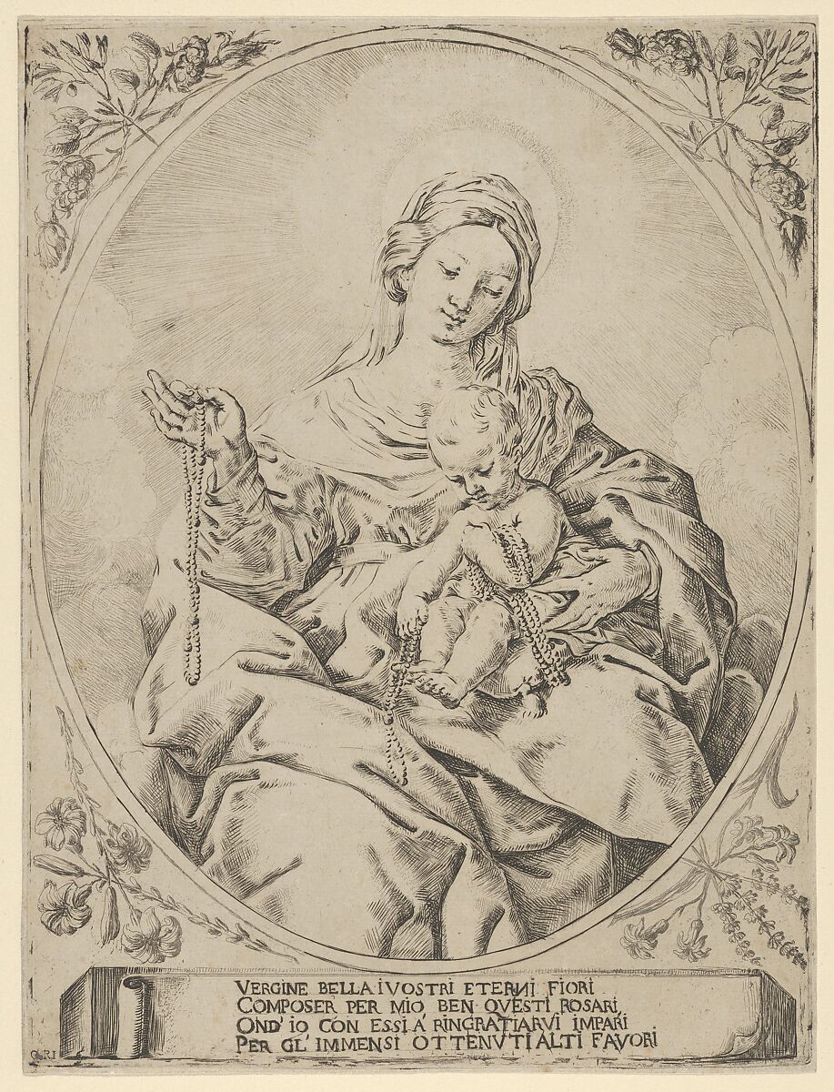 The Virgin seated holding a rosary in her right hand, the infant Christ on her lap holding several rosaries, in an oval frame with flowers surrounding it and a tablet with inscription at the base, Anonymous, Etching 