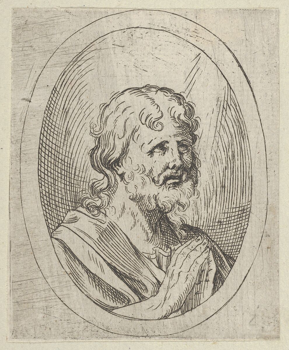An apostle raising his eyes in prayer, in an oval frame, from "Christ, the Virgin, and Thirteen Apostles", Anonymous, 17th century, Etching 