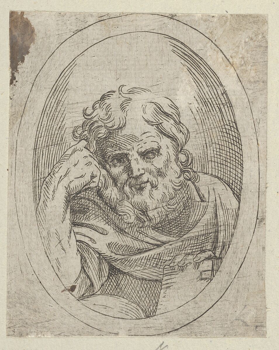 An apostle resting his head on his right hand and holding a book, in an oval frame, from "Christ, the Virgin, and Thirteen Apostles", Anonymous, 17th century, Etching 