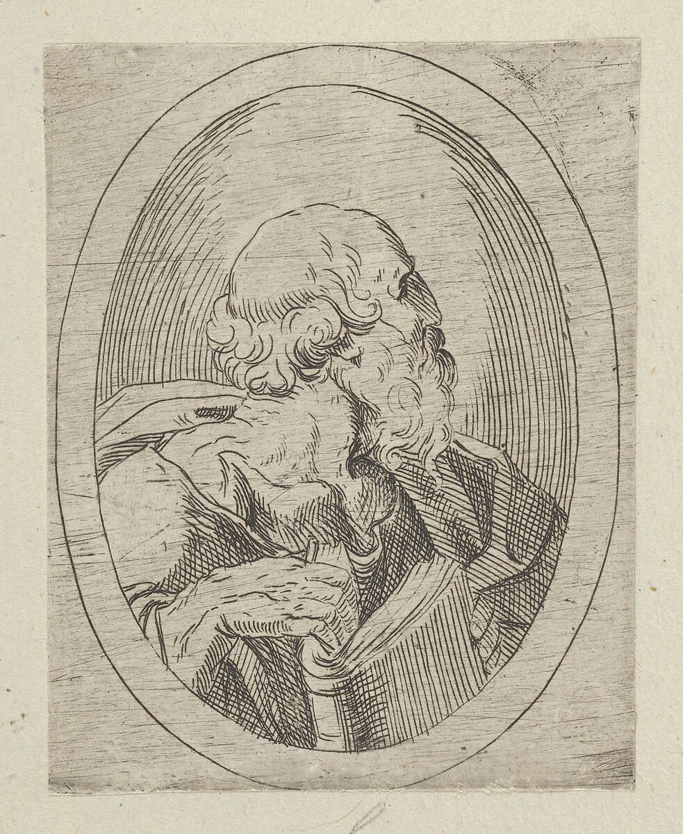 An apostle seen in profile facing right, holding an open book, in an oval frame, from "Christ, the Virgin, and Thirteen Apostles", Anonymous, 17th century, Etching 